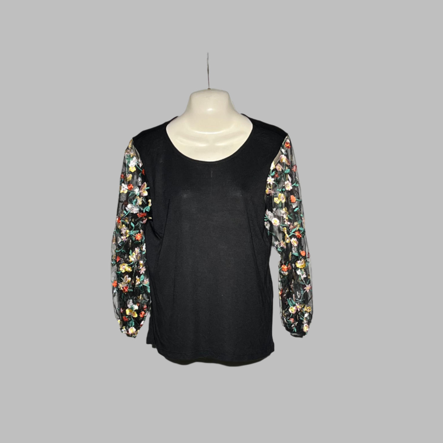 Pieces Chic Black Top with Floral Sheer Sleeves #233