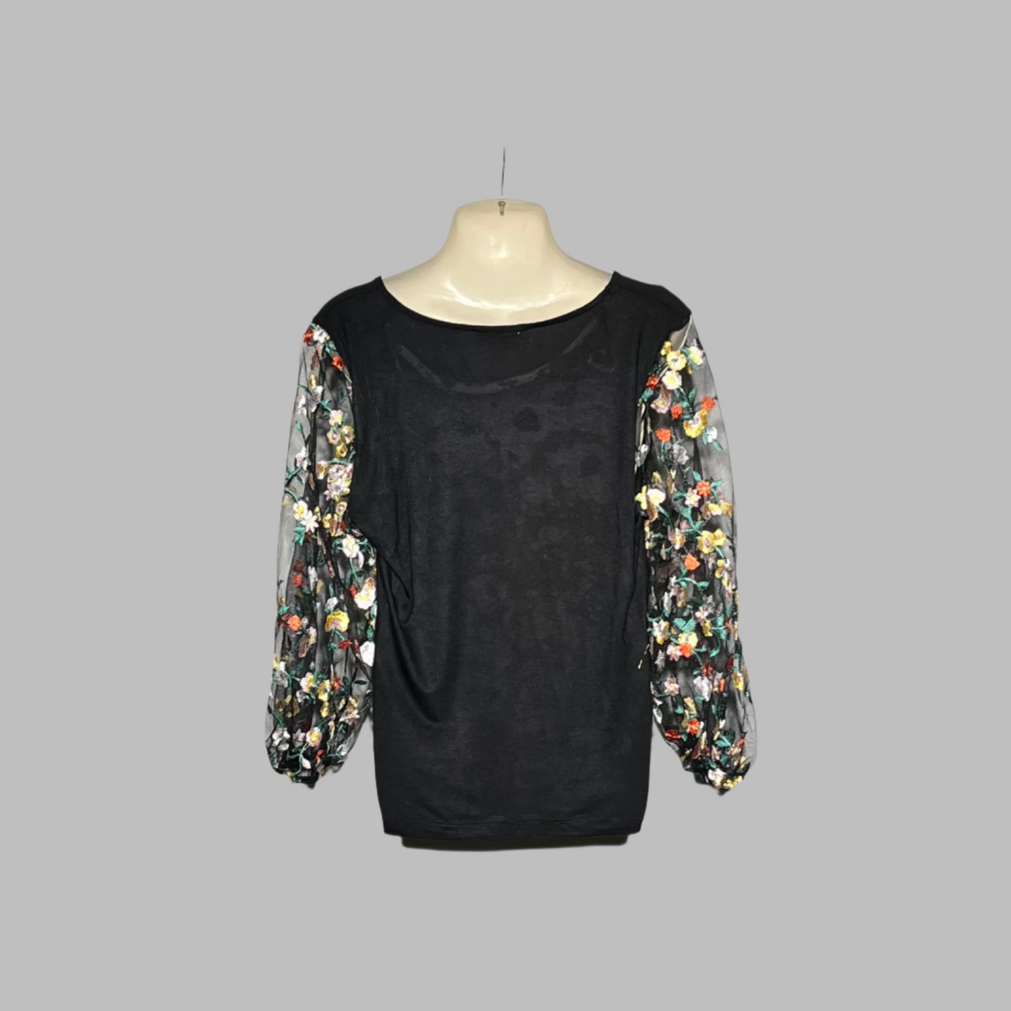 Pieces Chic Black Top with Floral Sheer Sleeves #233