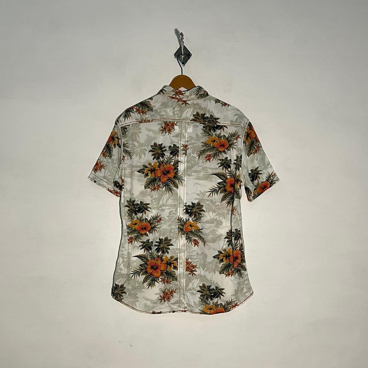 NEXT Men's Dress Shirt – White Green & Orange Floral Preloved #3317