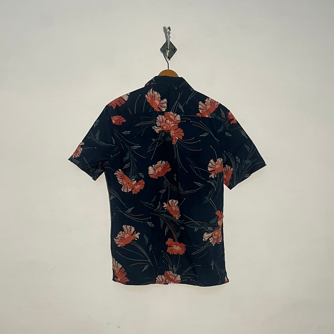 M&S Men's Dress Shirt Dark Blue Pink Gray Floral #3426