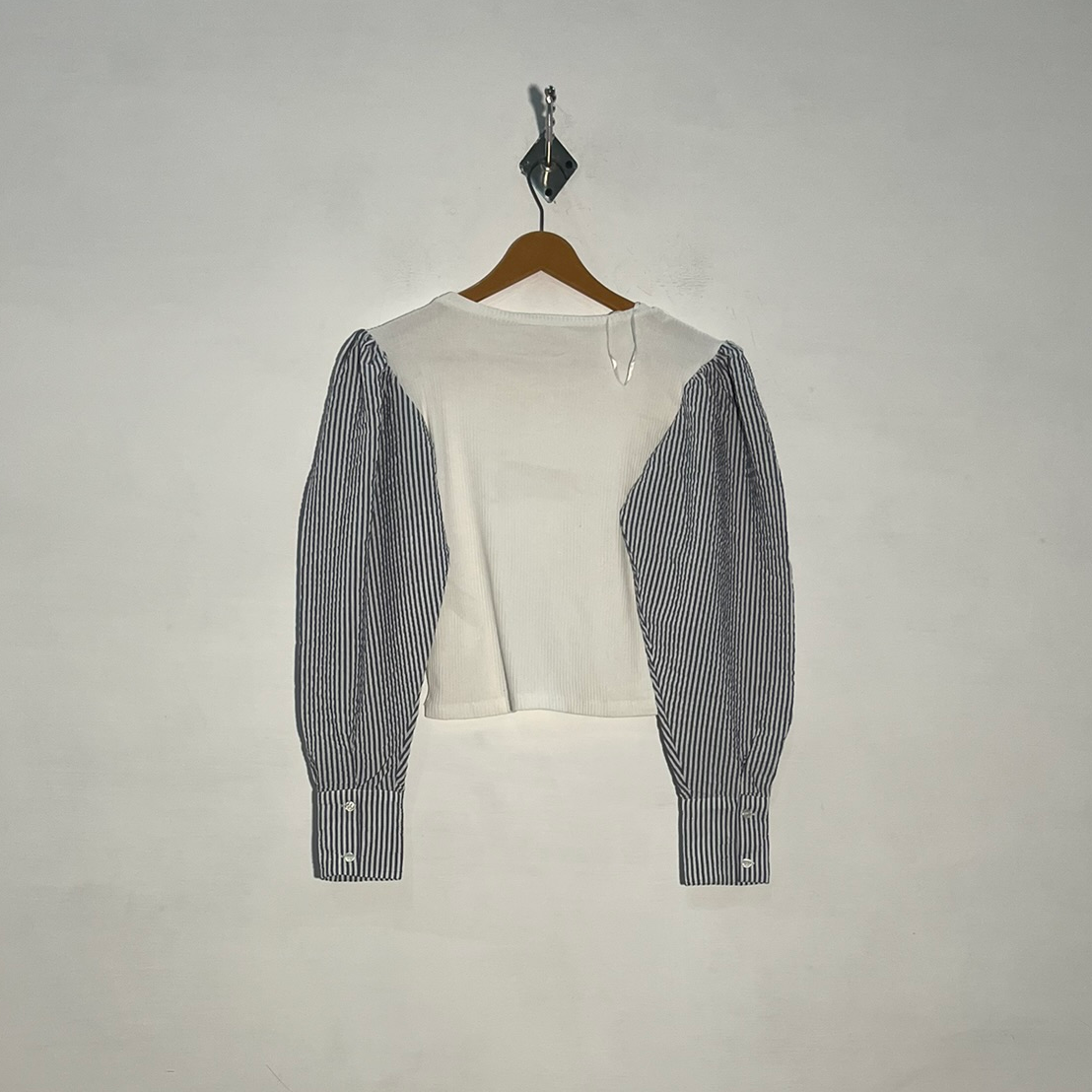 Zara Women White & Blue Lined Crop Top Preloved #3386