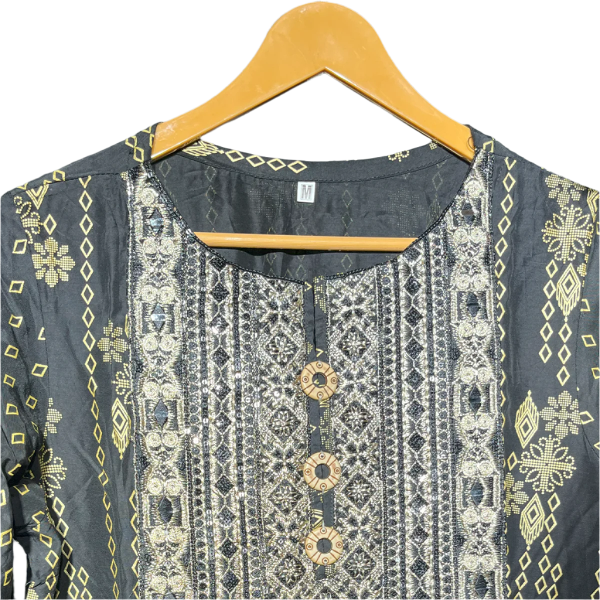Black & Gold Traditional Embroidered Kurti with Fringe Detailing #139