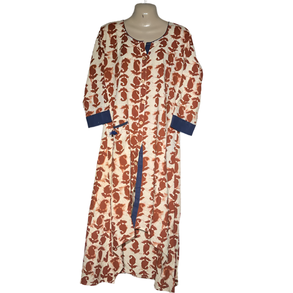 Elegant Brown & White Printed High-Low Kurti with Blue Accents #140