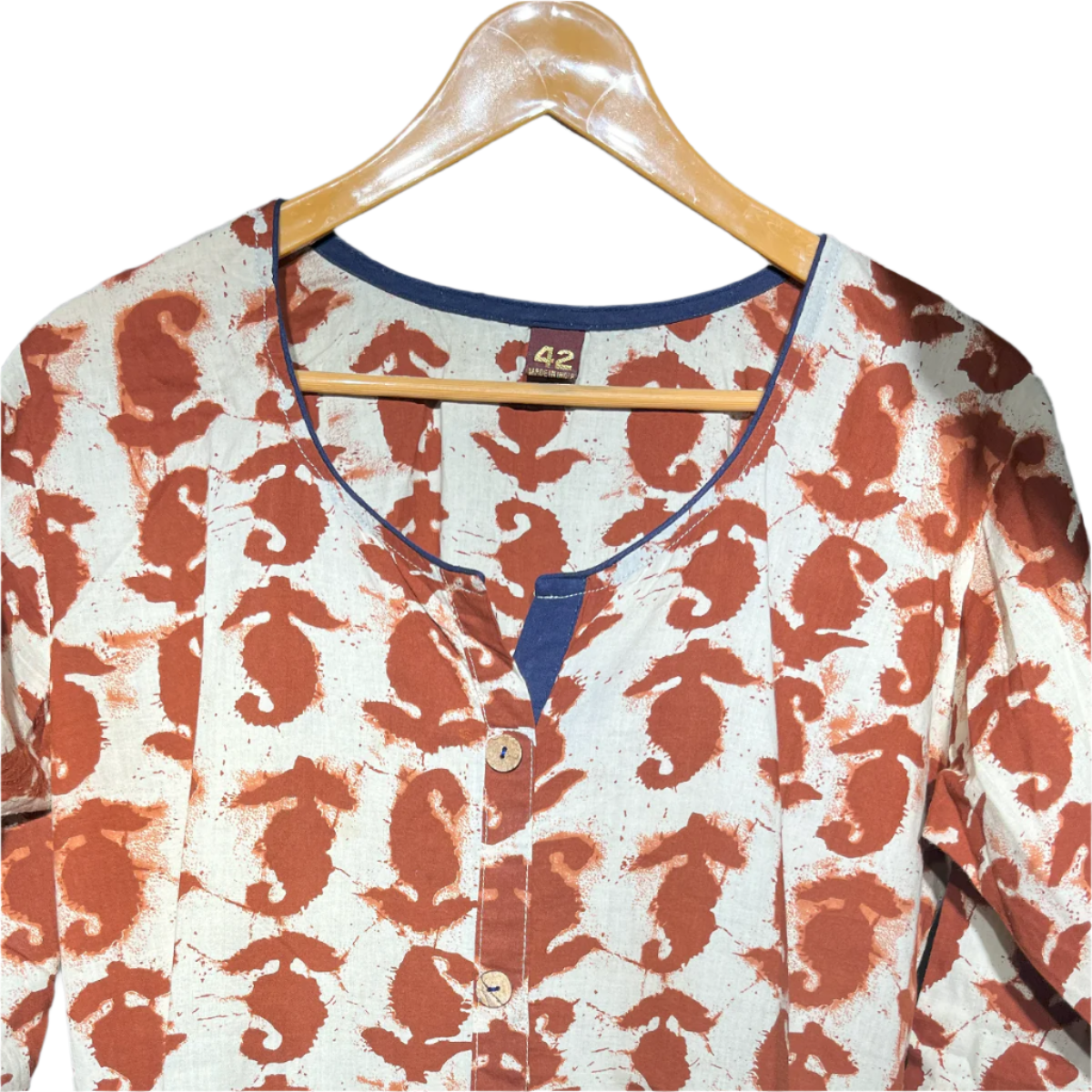Elegant Brown & White Printed High-Low Kurti with Blue Accents #140