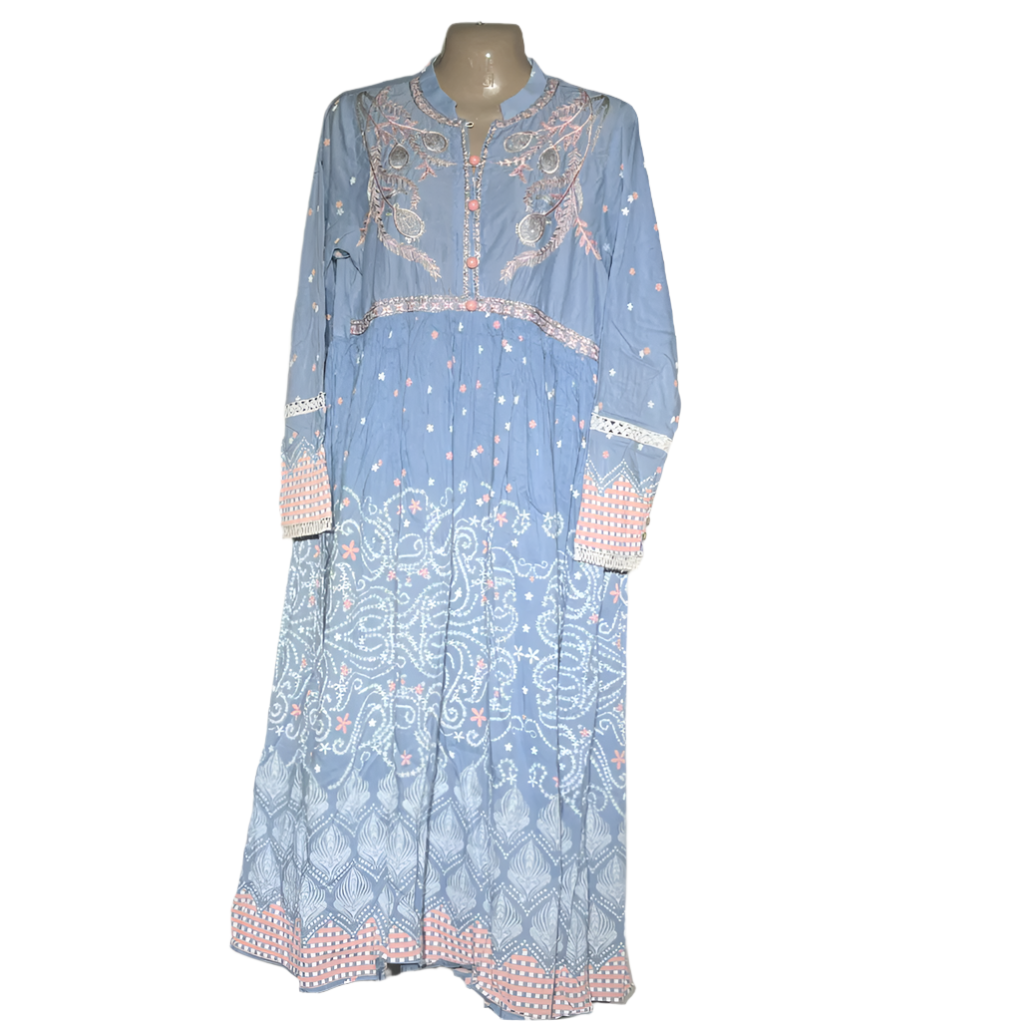 Sky Blue & White Embroidered Maxi Dress - Ethnic Collection