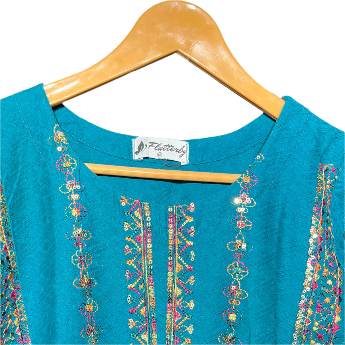 Flutterby Teal Embellished Mirror Work Kurta #103