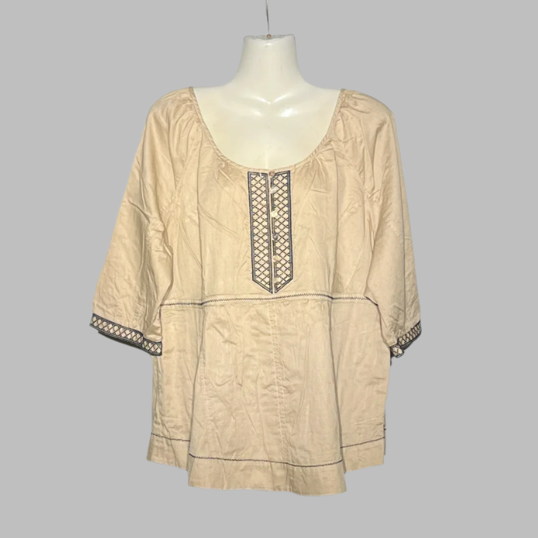 H&M Beige Boho Embroidered Peasant Blouse #195