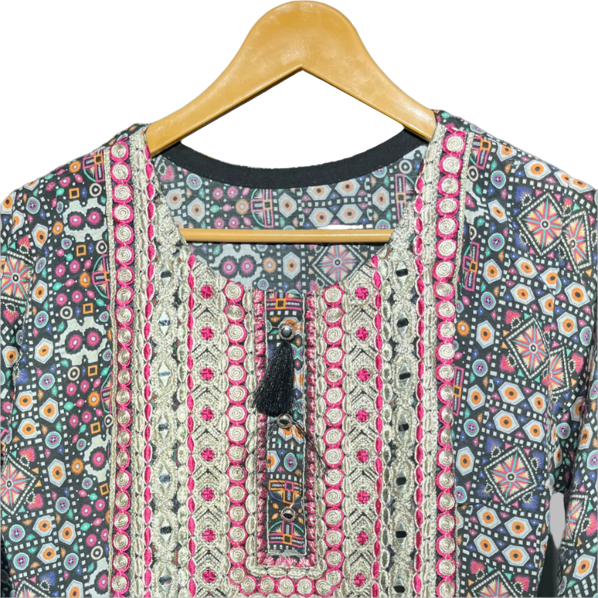 Bohemian Multicolor Embroidered Kurti with Fringe Details #139