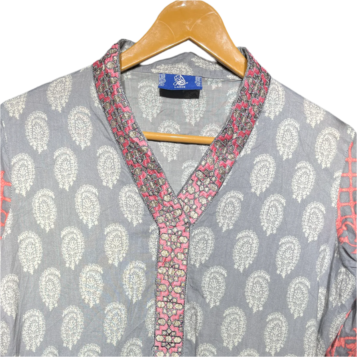 Rafia Grey & Coral Paisley Printed Kurta #116