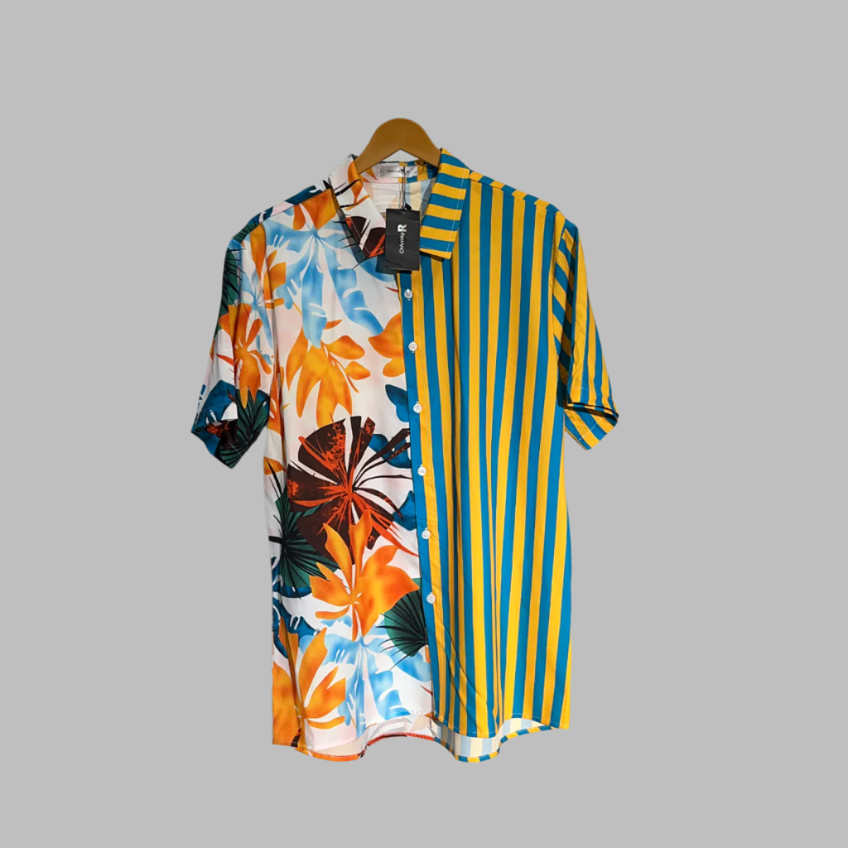 Charmkpr Half & Half Floral & Striped Short Sleeve Shirt #020