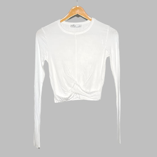 Hollister White Ribbed Long Sleeve Cropped Top – Stylish & Trendy #141