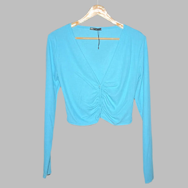 Zara Ruched Front V-Neck Long Sleeve Top – Sky Blue #155