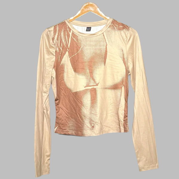 SHEIN Nude Illusion Mesh Long-Sleeve Top – Beige #159
