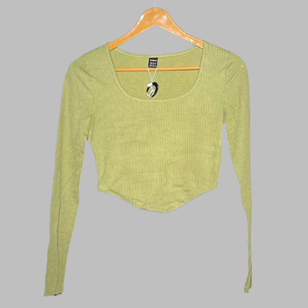 SHEIN Olive Green Ribbed Long-Sleeve Crop Top with Front Cutout #147