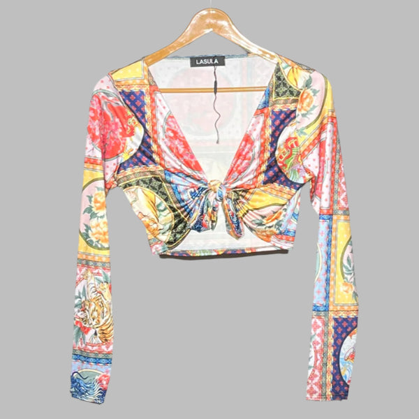 Lasula Vibrant Printed Tie-Front Crop Top #164