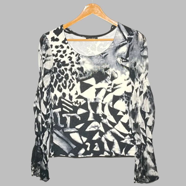Emozione Abstract Print Mesh Long Sleeve Top – Black & White #156