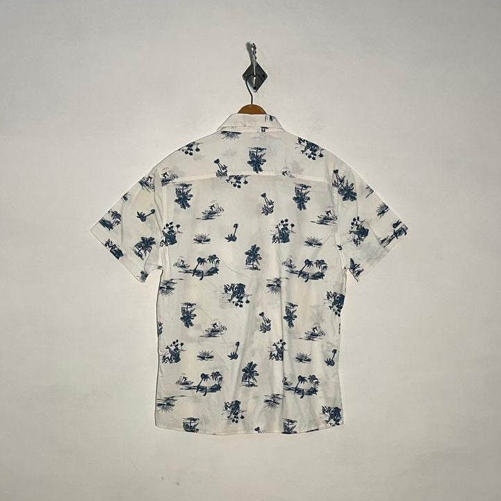 Easy Men's Dress Shirt White Blue Print Preloved Casual Wear #3333