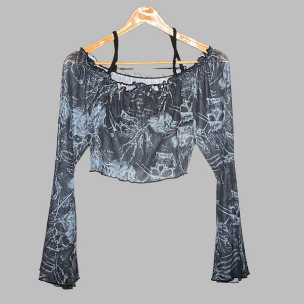 Pomve Gothic Mesh Print Crop Top – Black & Grey #157