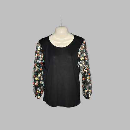 Pieces Chic Black Top with Floral Sheer Sleeves #233