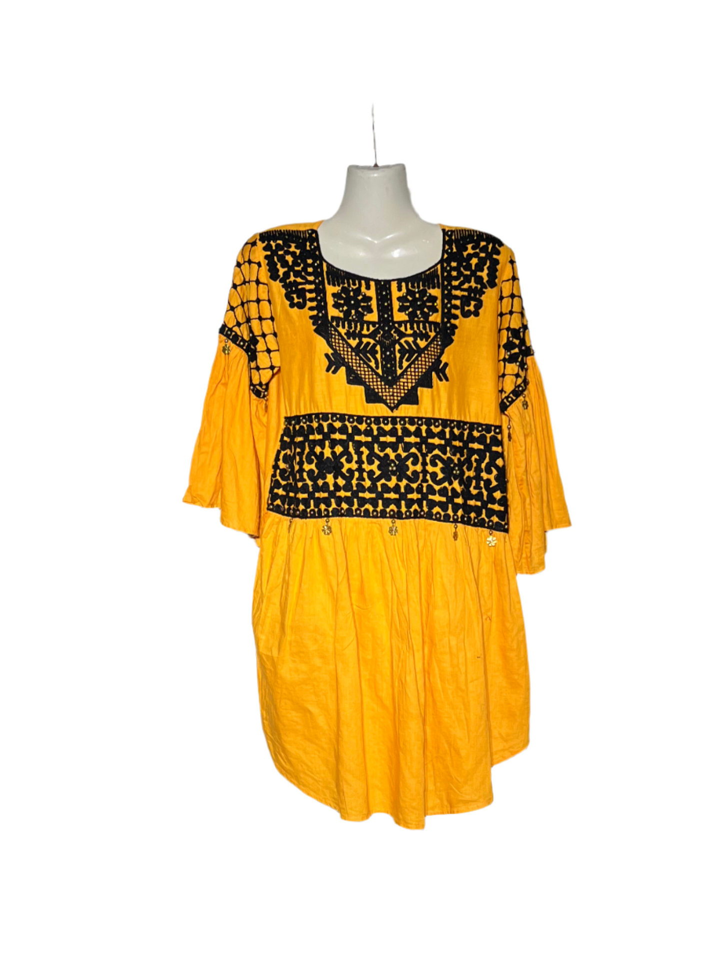 No Name Yellow and Black Embroidered Kurti #675