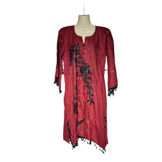 Dark Mehron and Black Embroidered Women’s Kurti #708