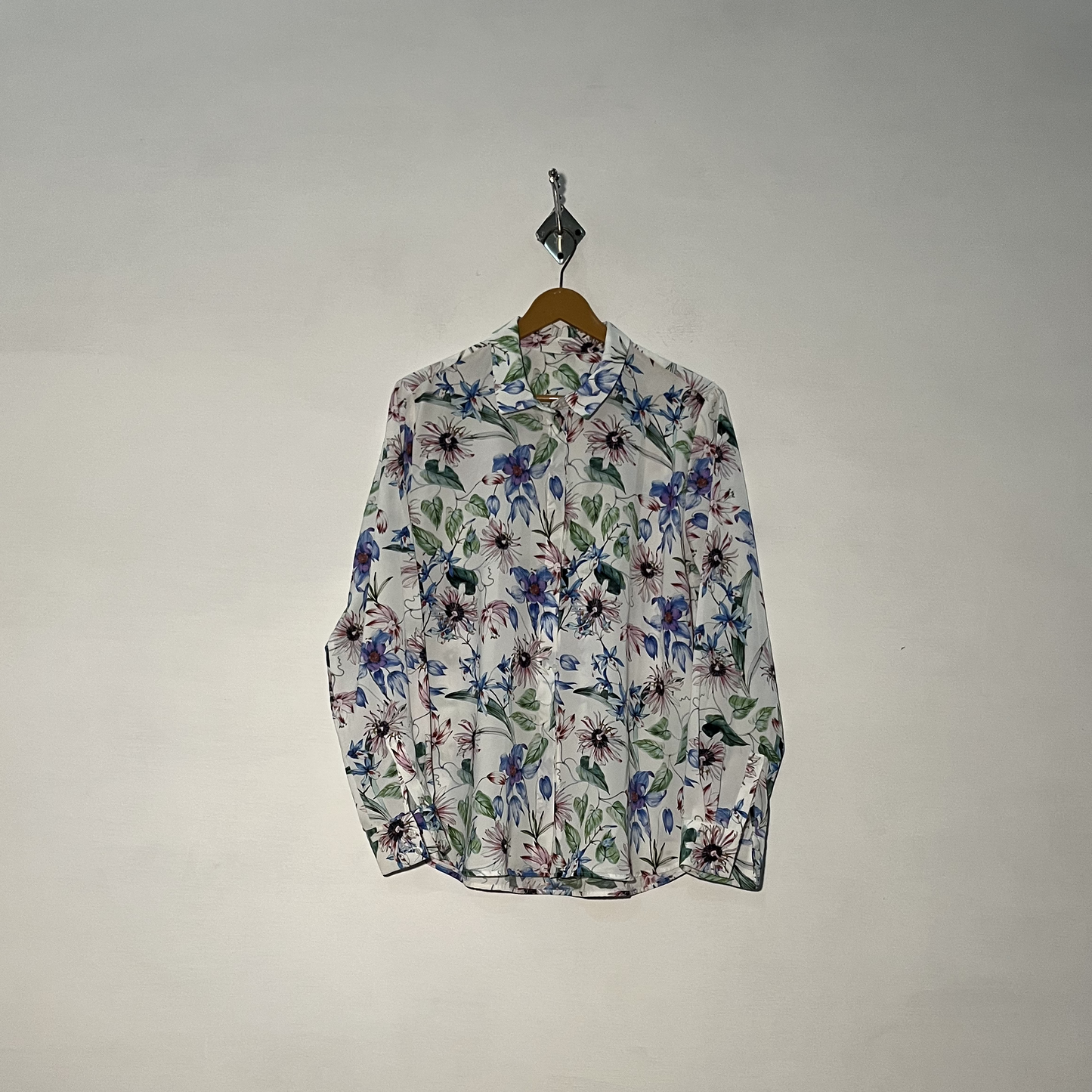 White and Green Blue Floral Women Blouse #2850