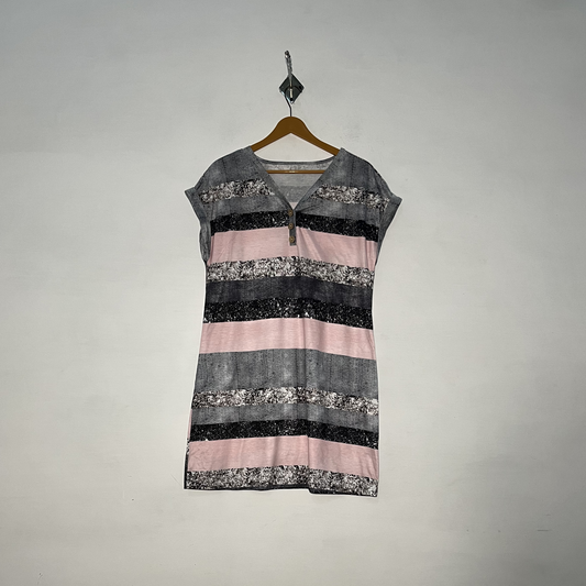 Baby Pink and Gray White Printed Women Single Nighty Printed Sleepwear #3161