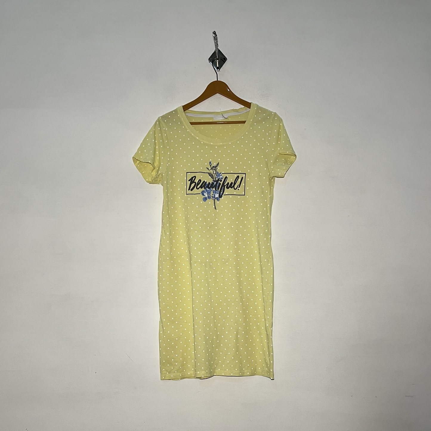 Yellow and White Dotted Women Single Nighty Printed Sleepwear #3165
