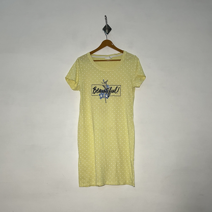 Yellow and White Dotted Women Single Nighty Printed Sleepwear #3165