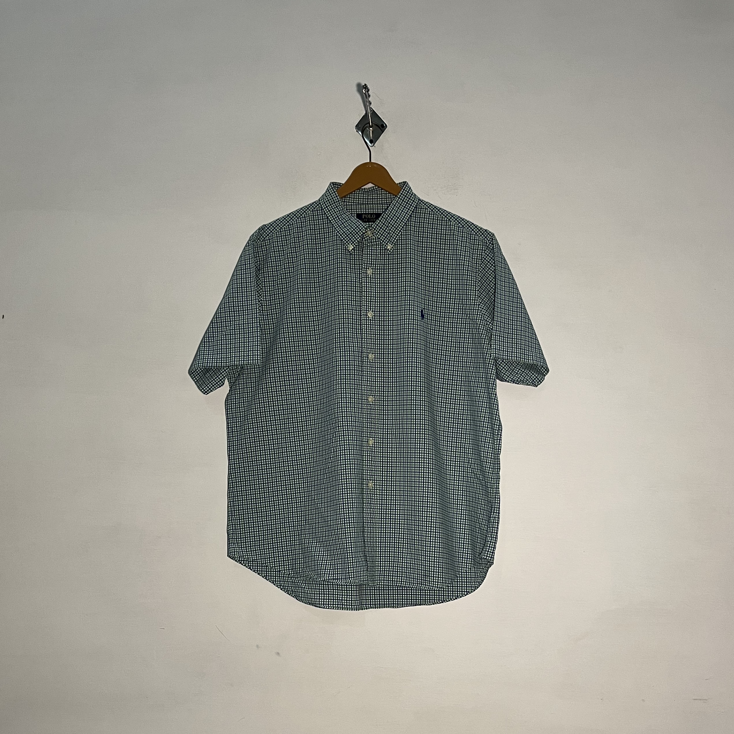 Polo Men's Checked Dress Shirt – White, Green & Dark Blue Preloved #3288