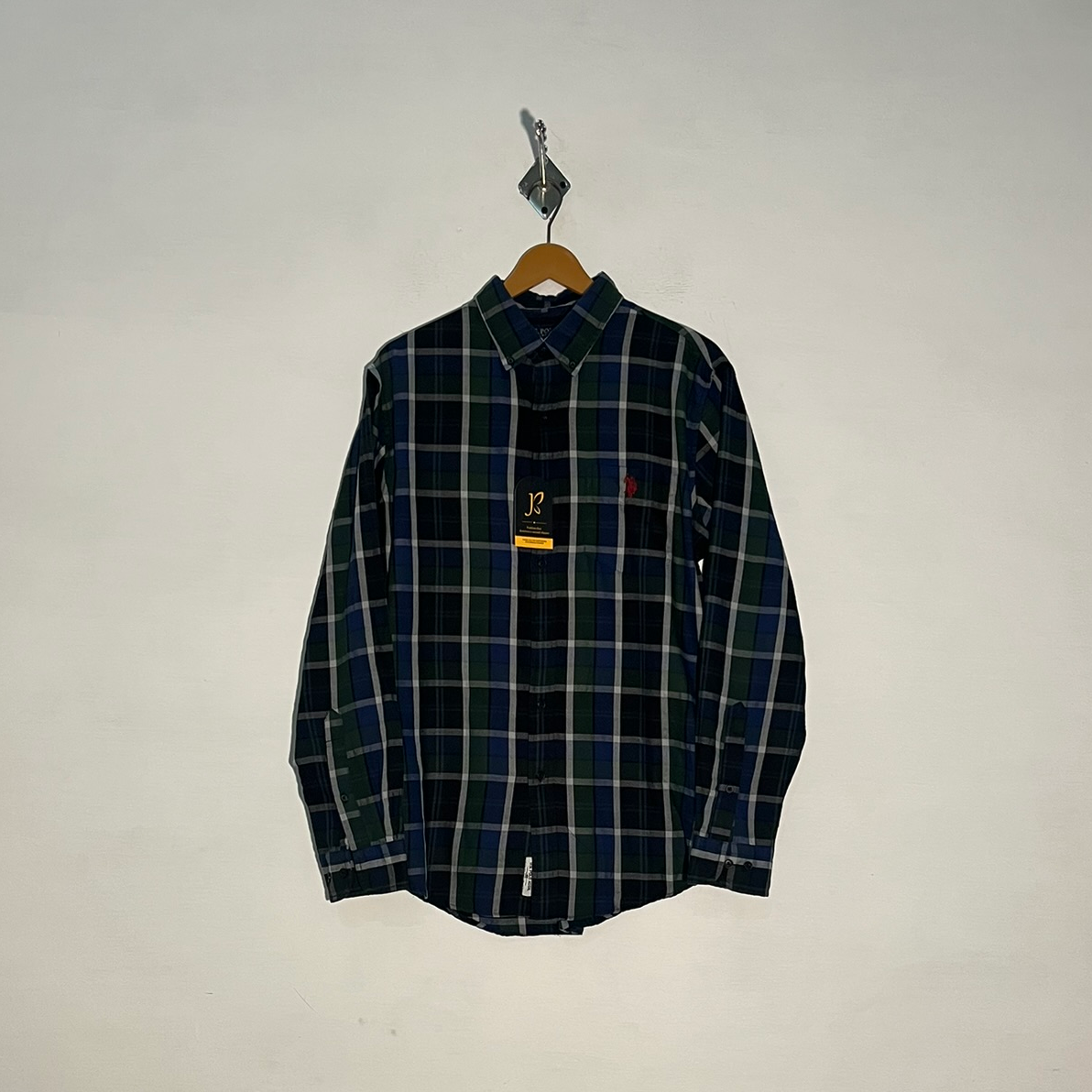 U.S. Polo Assn Men's Dress Shirt – Blue Dark Green & White Check Preloved #3320