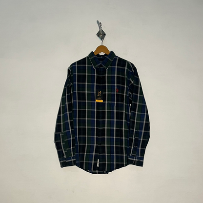 U.S. Polo Assn Men's Dress Shirt – Blue Dark Green & White Check Preloved #3320