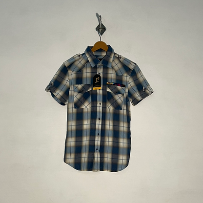 Diesel Men's Dress Shirt – Dark Blue & White Check Preloved #3319