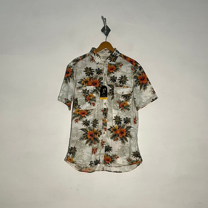 NEXT Men's Dress Shirt – White Green & Orange Floral Preloved #3317