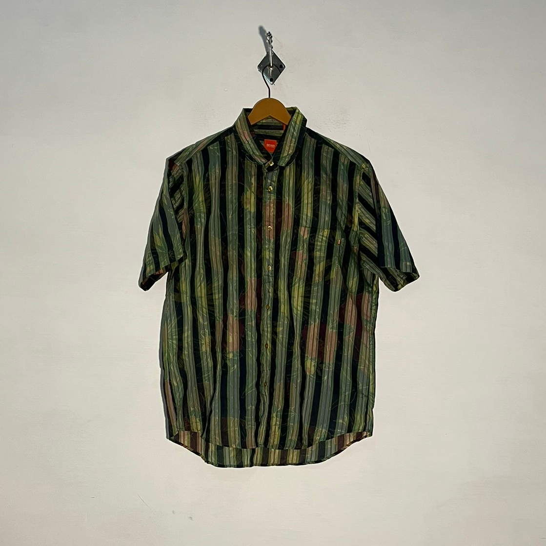 Boss Men's Dress Shirt – Parrot Green & Black Pink Print Preloved #3311