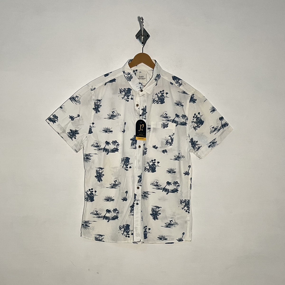 Easy Men's Dress Shirt White Blue Print Preloved Casual Wear #3333