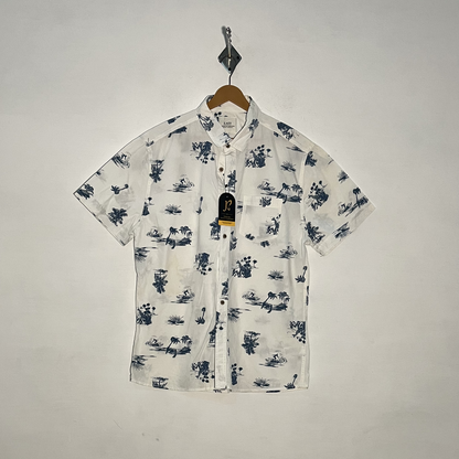 Easy Men's Dress Shirt White Blue Print Preloved Casual Wear #3333