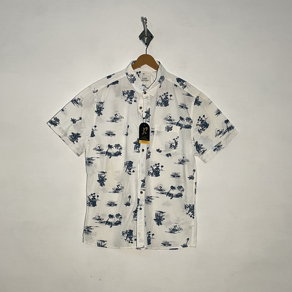 Easy Men's Dress Shirt White Blue Print Preloved Casual Wear #3333