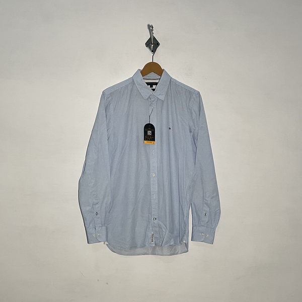 Tommy Hilfiger Men's Dress Shirt White Sky Blue Print Preloved #3328