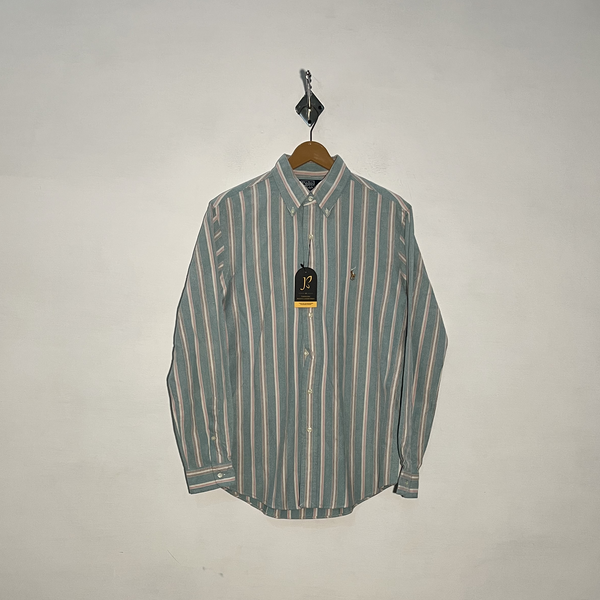 Polo Men's Dress Shirt Sea Green White Brown Lining Preloved #3326