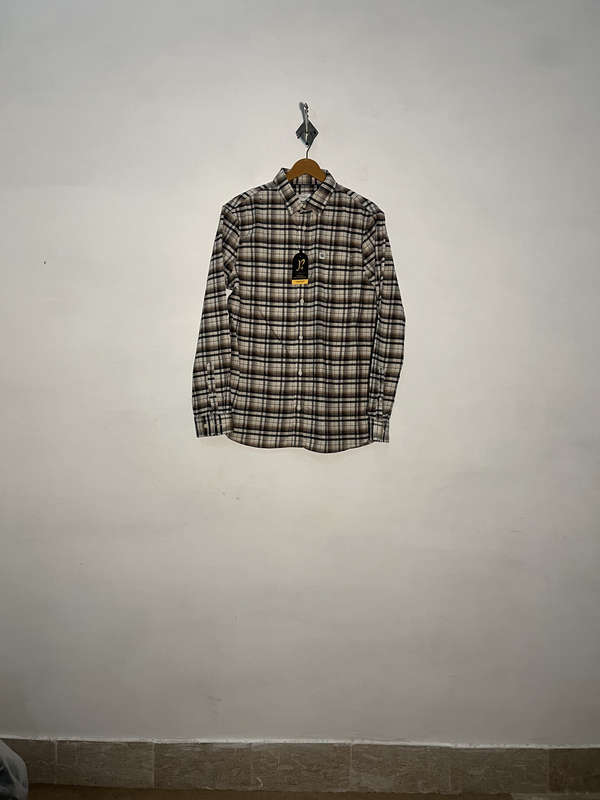 M&S Men's Dress Shirt Off White Gray Brown Check Preloved #3324