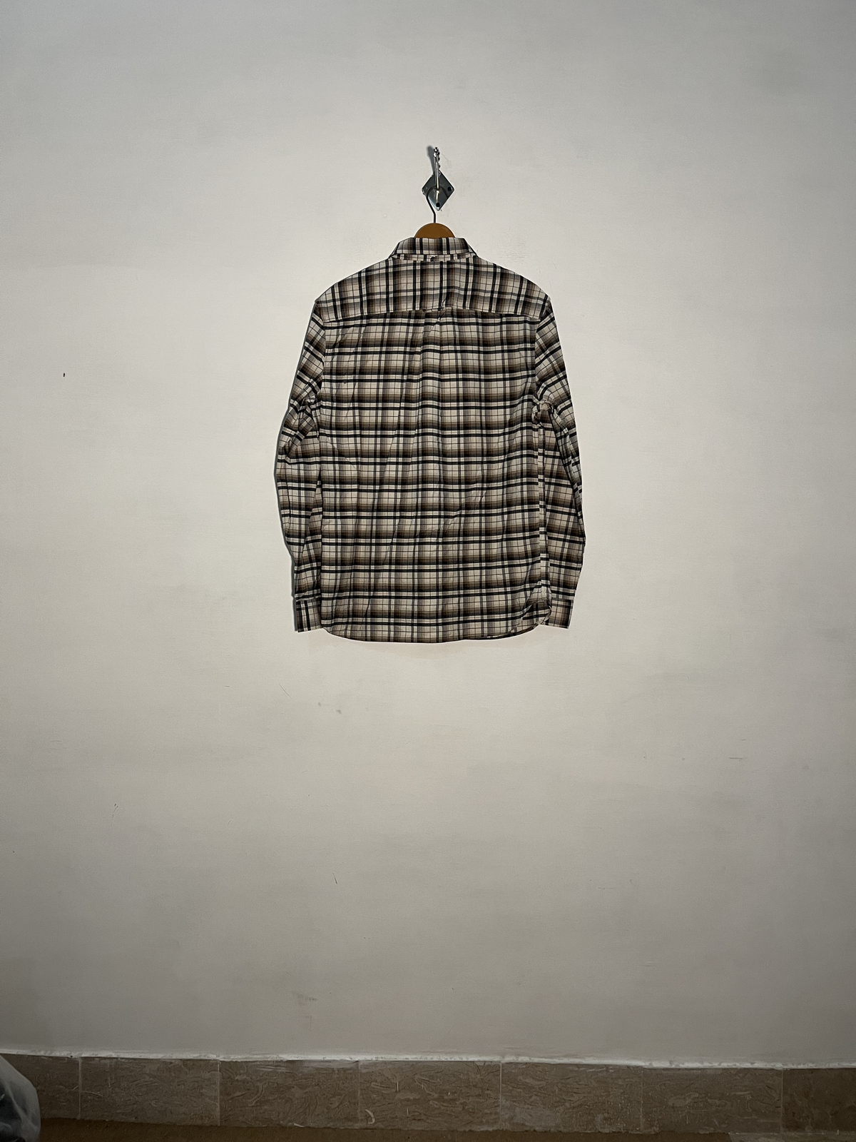 M&S Men's Dress Shirt Off White Gray Brown Check Preloved #3324