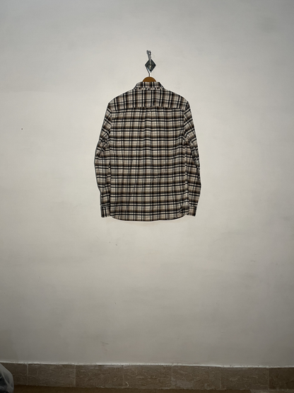 M&S Men's Dress Shirt Off White Gray Brown Check Preloved #3324