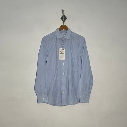 Zara Men's Dress Shirt White & Sky Blue Lining Preloved #3395