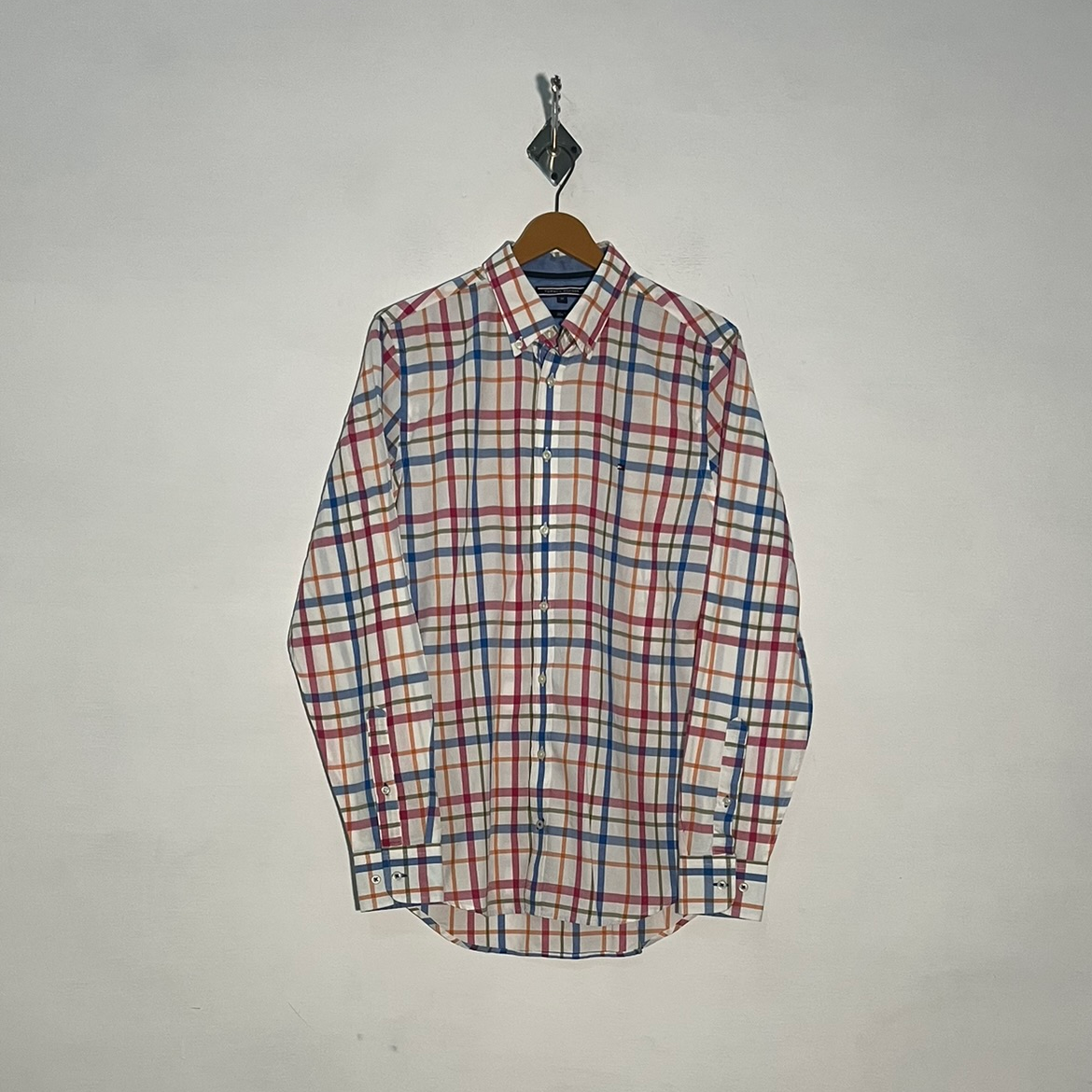 Tommy Hilfiger Men's Dress Shirt White Blue Pink Check #3408