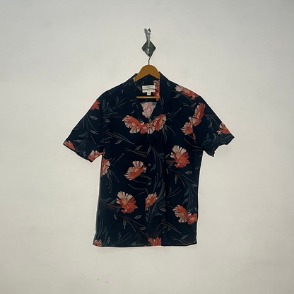 M&S Men's Dress Shirt Dark Blue Pink Gray Floral #3426
