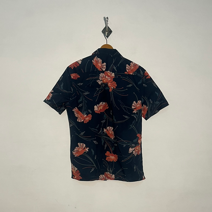 M&S Men's Dress Shirt Dark Blue Pink Gray Floral #3426