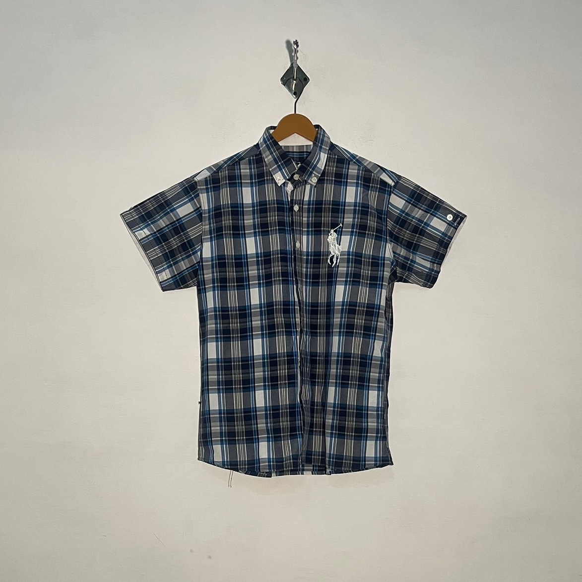 Polo Men's Dress Shirt Dark Blue & White Check Preloved #3424