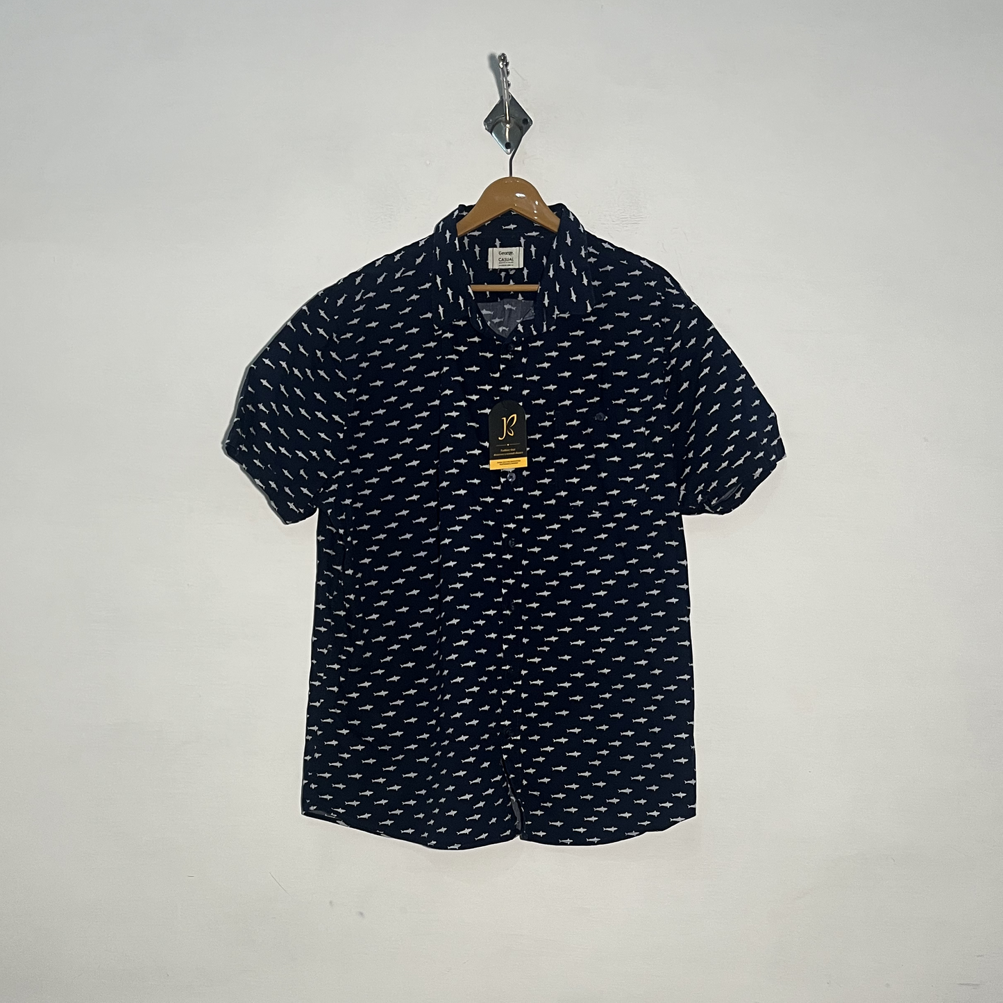 George Casual Men's Dress Shirt Dark Blue & White Fish Print Preloved #3454