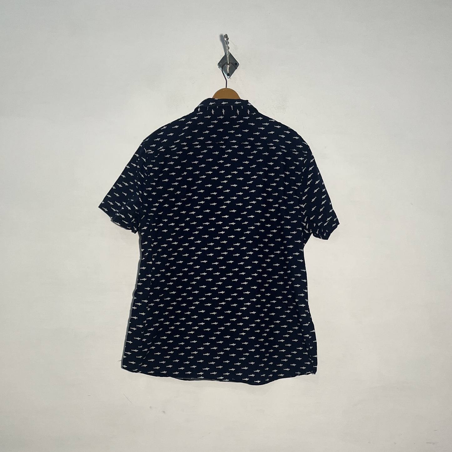 George Casual Men's Dress Shirt Dark Blue & White Fish Print Preloved #3454